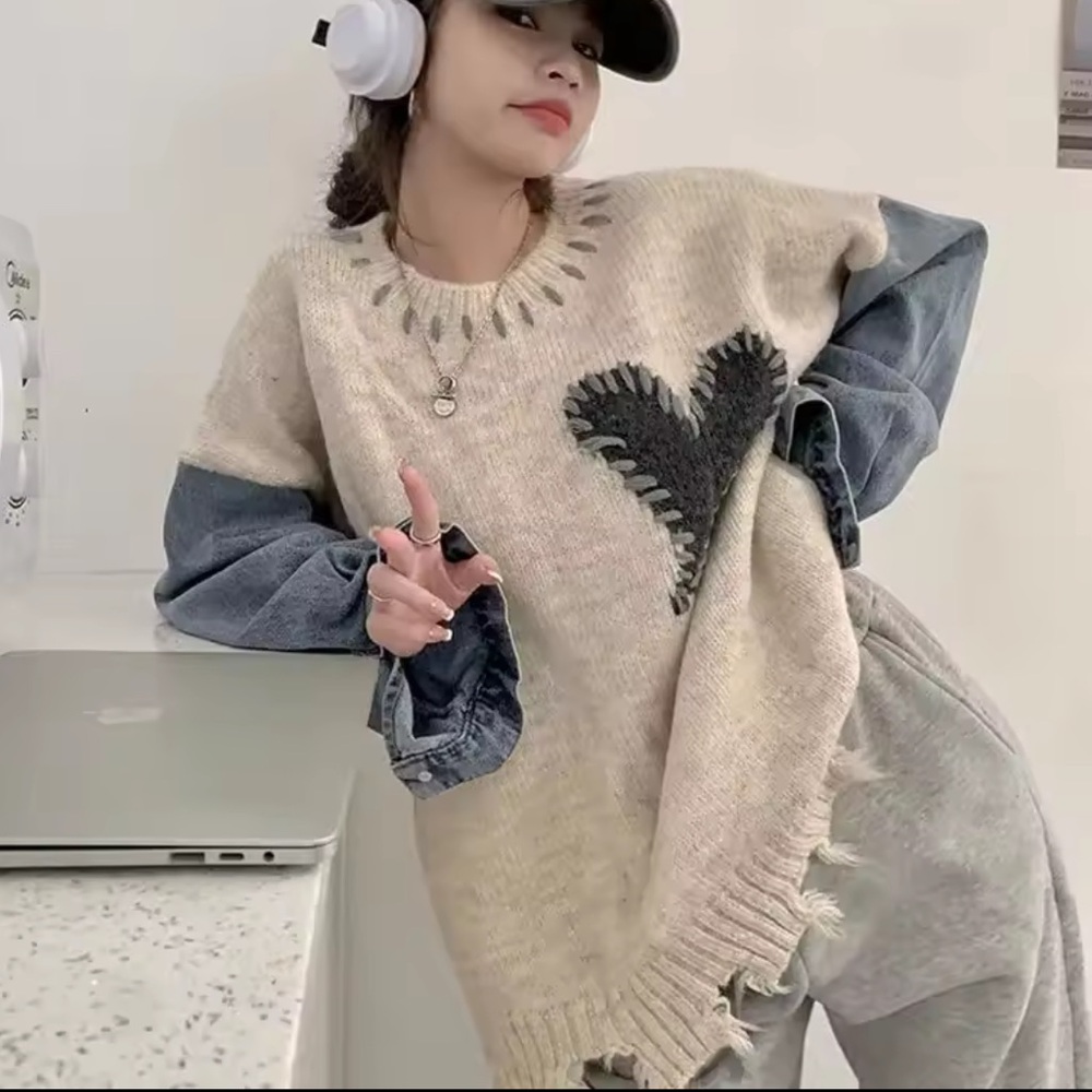 Heart Patchwork knit denim knit Sweater - Cream and Blue - Picture 3 of 4